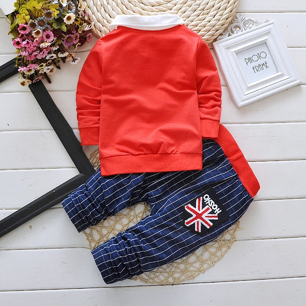 Детски пролетен комплект блузка с бяла яка и панталони: Червен и Жълт цвят