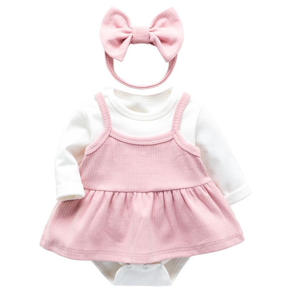 Бебешки комплект памучно боди, рокличка и лента за коса в син и розов цвят