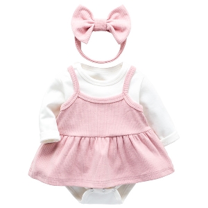 Бебешки комплект памучно боди, рокличка и лента за коса в син и розов цвят