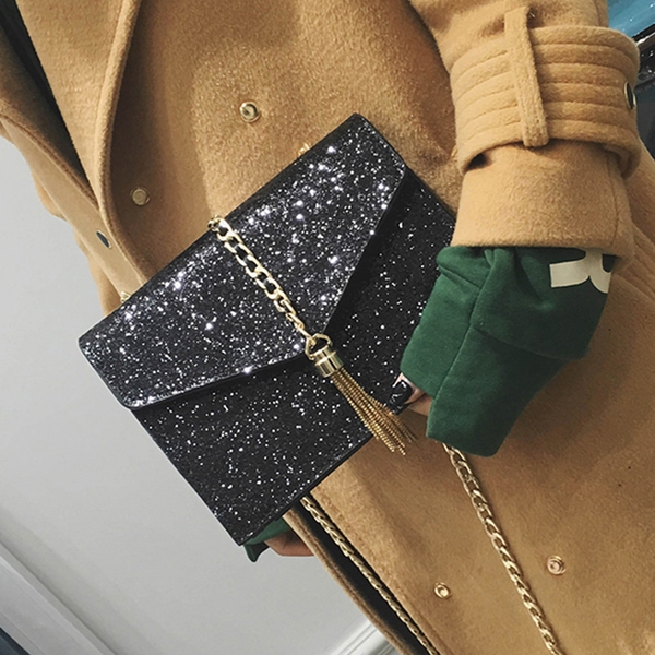 Дамска блестяща брокатена чанта с дълга дръжка 