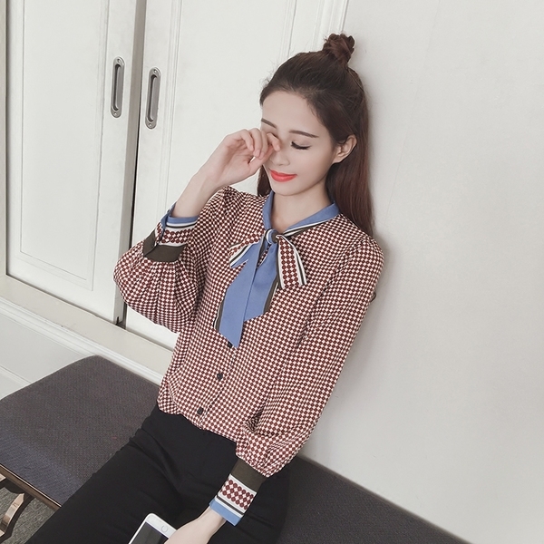 Дамска риза с панделка офис стил в два цвята