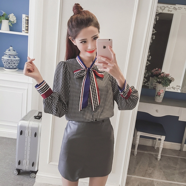 Дамска риза с панделка офис стил в два цвята