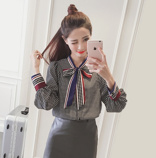 Дамска риза с панделка офис стил в два цвята