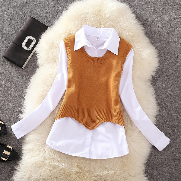 Дамска бяла риза с дълъг ръкав с цветно елече 