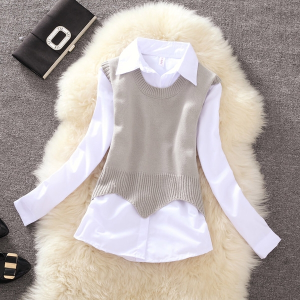 Дамска бяла риза с дълъг ръкав с цветно елече 