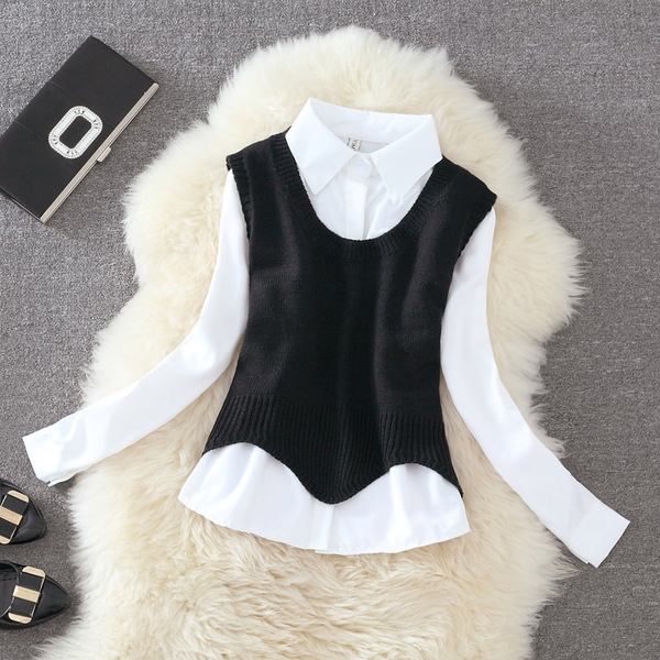 Дамска бяла риза с дълъг ръкав с цветно елече 