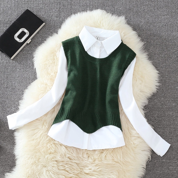 Дамска бяла риза с дълъг ръкав с цветно елече 