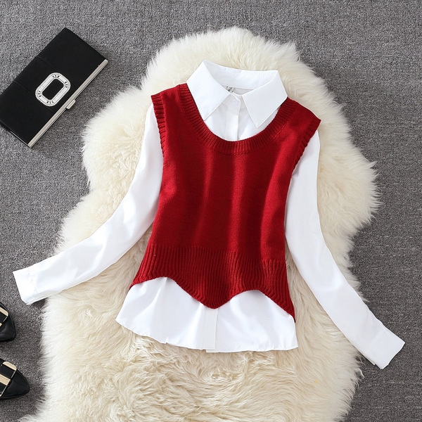 Дамска бяла риза с дълъг ръкав с цветно елече 