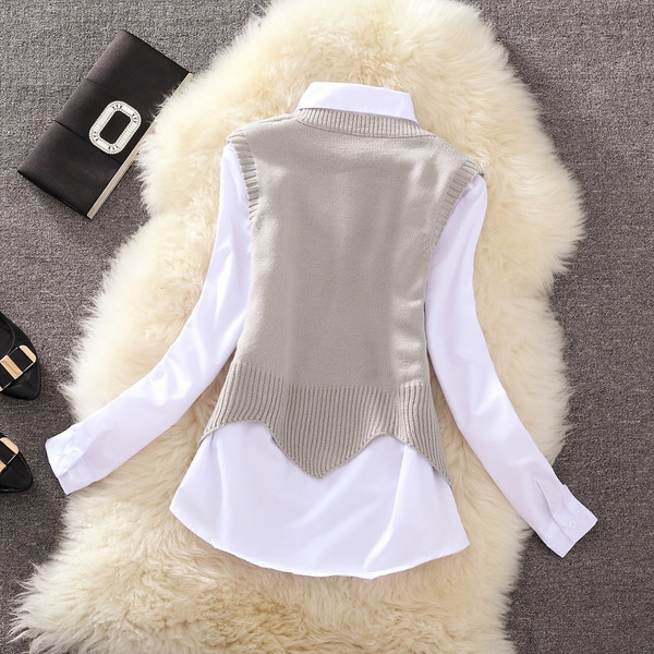 Дамска бяла риза с дълъг ръкав с цветно елече 