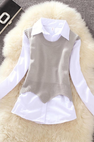 Дамска бяла риза с дълъг ръкав с цветно елече 