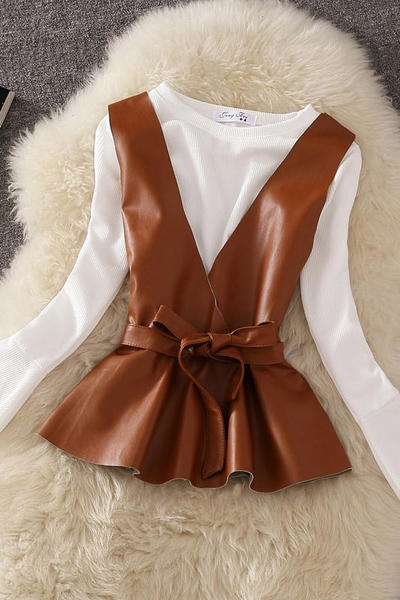 Дамска памучна бяла риза с  кожен елек комплект