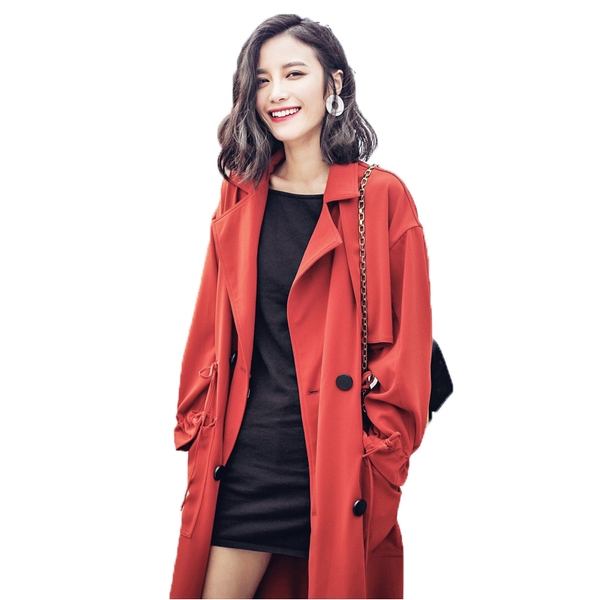 Стилно дамски дълго палто до коленете в червен и черен цвят - тип Слим