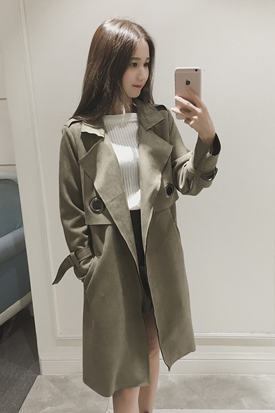 Елегантно дълго дамско палто в два цвята - зелен, бежов, тип Слим, с колан