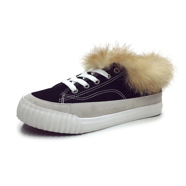 Дамски стилни кецове с пух в 3 цвята - черен, бежов и тъмнозелен