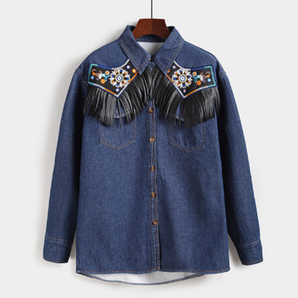 Дамска деним риза с ресни и индиански мотиви в светло и тъмно син цвят