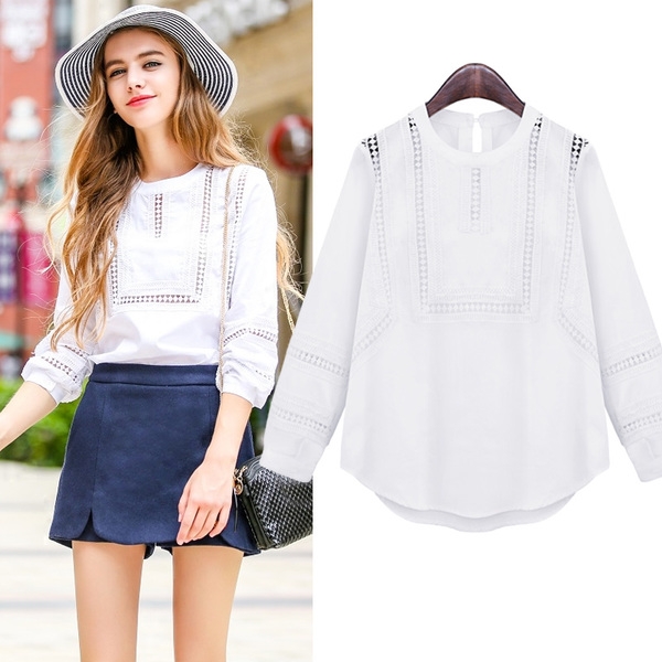 Стилна пролетна риза с дантела с О-образна яка в бял цвят