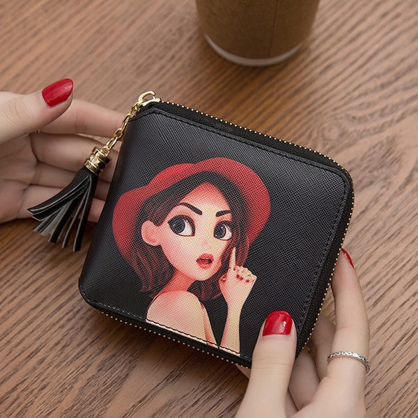 Малко дамско портфейлче в черен цвят с анимационни изображения - 4 вида