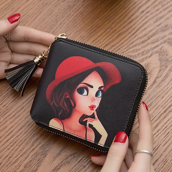 Малко дамско портфейлче в черен цвят с анимационни изображения - 4 вида