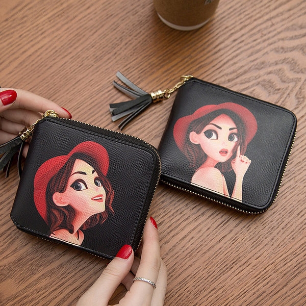 Малко дамско портфейлче в черен цвят с анимационни изображения - 4 вида