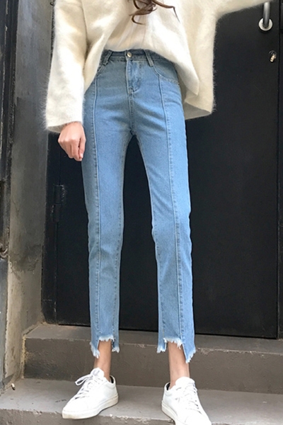 Дамски дънки с висока талия тип boyfriend в светлосин цвят