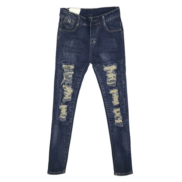 Дамски накъсани дънки в син цвят тип Слим