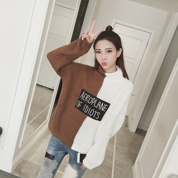 Дамски дебел пуловер тип поло и широк с надпис, в черен и кафяв цвят