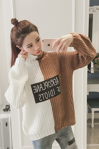 Дамски дебел пуловер тип поло и широк с надпис, в черен и кафяв цвят