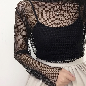 Οι γυναίκες διαφανή μπλούζα με μακριά μανίκια σε δαντέλα σε μαύρο και άσπρο