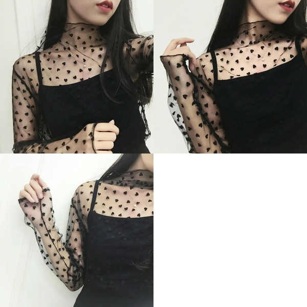 Дамски прозрачен топ с дълъг ръкав от дантела в черен и бял цвят