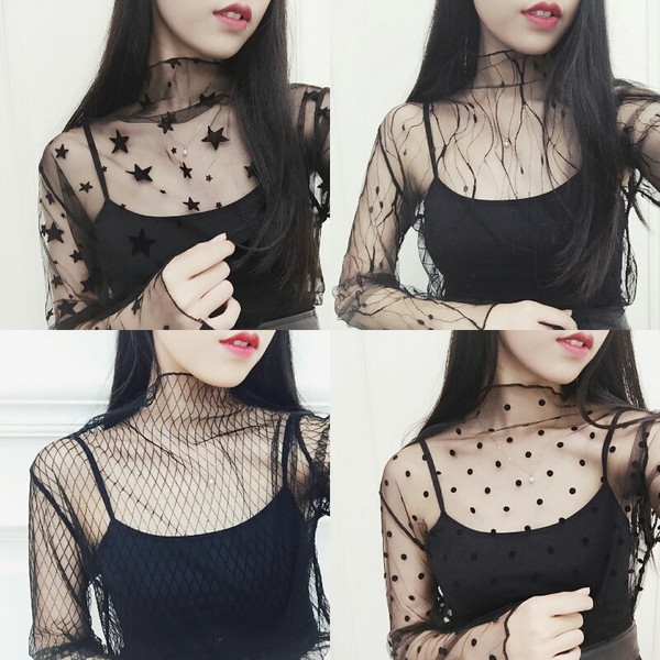 Дамски прозрачен топ с дълъг ръкав от дантела в черен и бял цвят