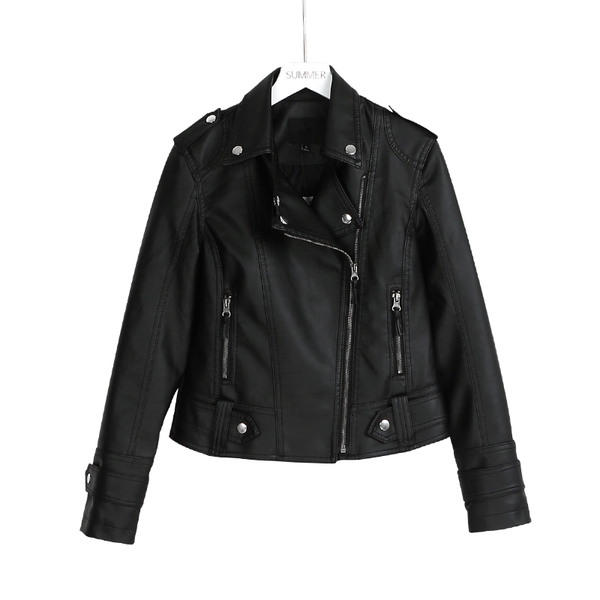 Стилно кожено дамско яке в розов и черен цвят тип Слим