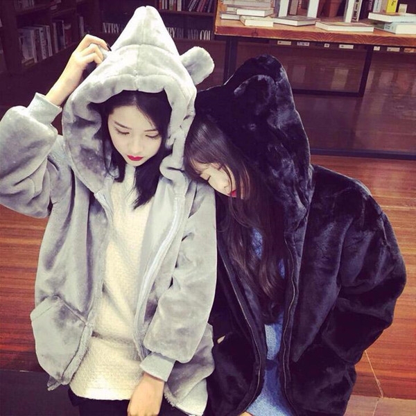 Плюшен дамски суичър с качулка и ушички в черен, кафяв и сив цвят