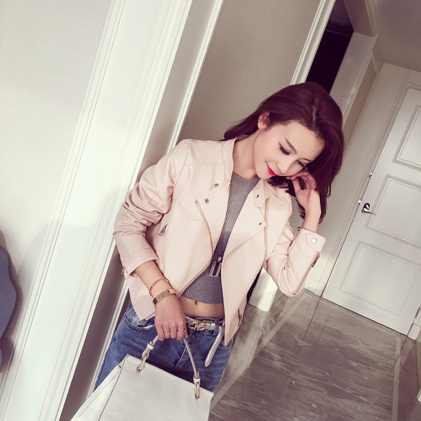 Стилно дамско кожено яке тип Слим в бял, розов и черен цвят