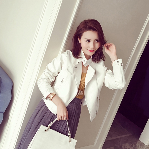 Стилно дамско кожено яке тип Слим в бял, розов и черен цвят