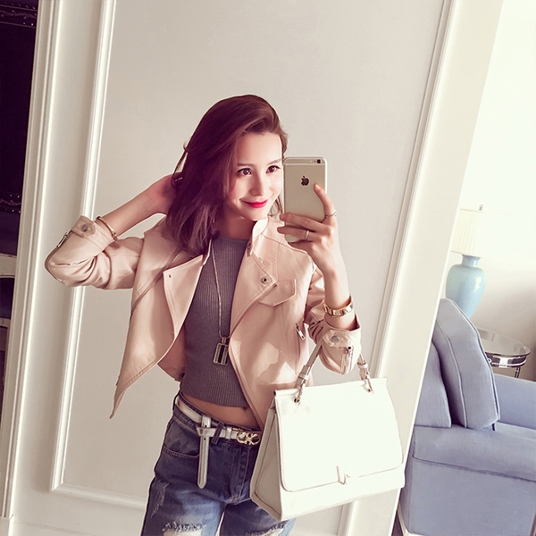 Стилно дамско кожено яке тип Слим в бял, розов и черен цвят