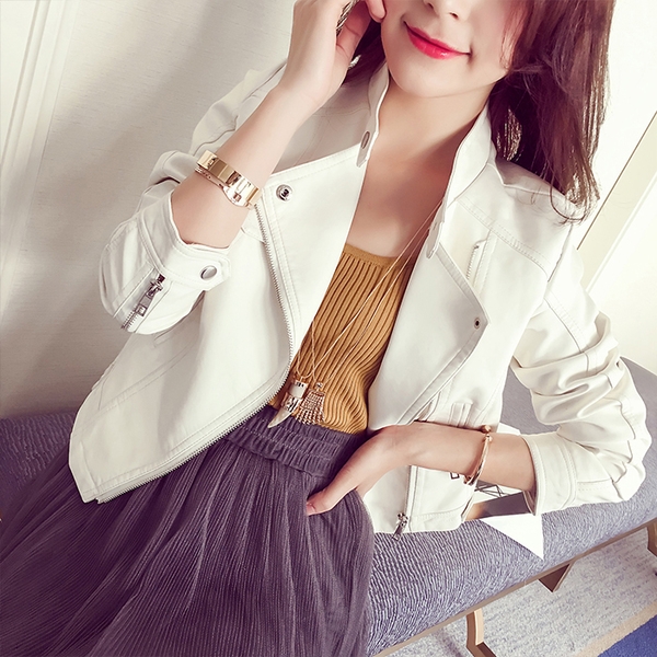 Стилно дамско кожено яке тип Слим в бял, розов и черен цвят