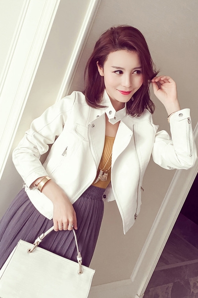 Стилно дамско кожено яке тип Слим в бял, розов и черен цвят