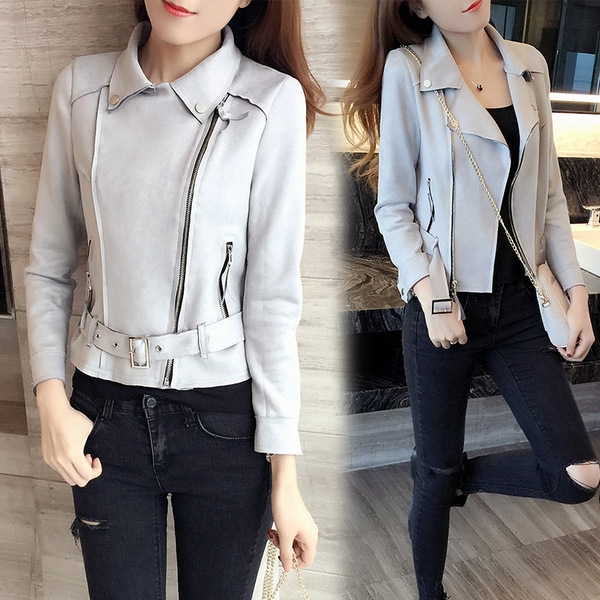 Велурено дамско яке тип Слим в сив цвят с колан