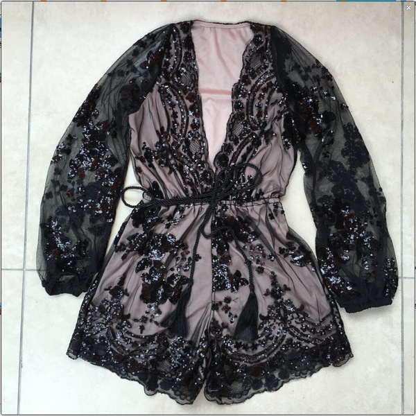 Οι γυναίκες κομψή πολυτέλεια jumpsuit με μακριά μανίκια με πούλιες: 4 χρώματα