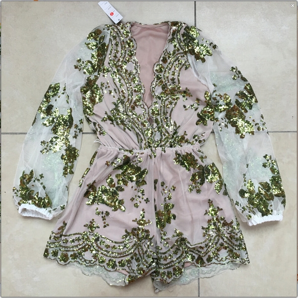 Οι γυναίκες κομψή πολυτέλεια jumpsuit με μακριά μανίκια με πούλιες: 4 χρώματα