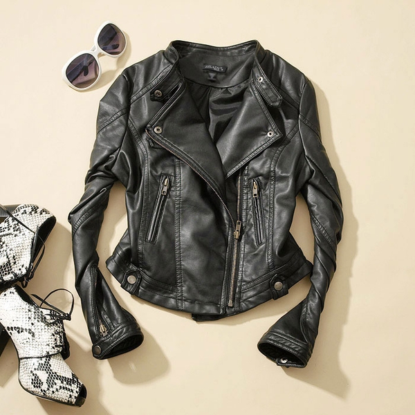 Γυναικεία δερμάτινα μπουφάν Slim βρετανικού στυλ και κλασικό μαύρο