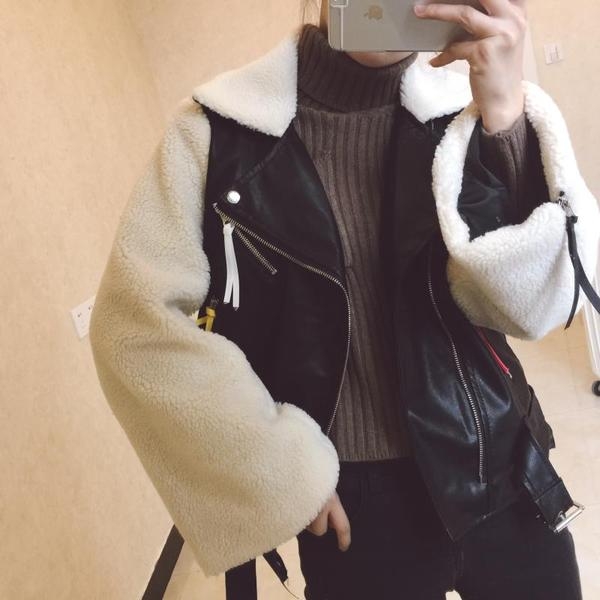 Кожено дамско яке с ръкави от плюш в британски стил