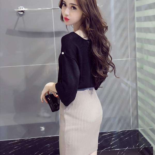 Οι γυναίκες κομψό σετ 2 μέρη - μπλούζα σε μαύρο και τοποθέτηση φούστα σε μπεζ