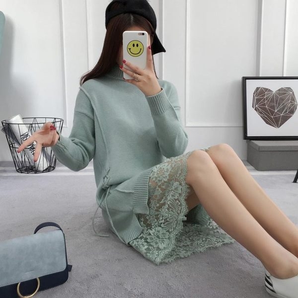 Στρίφωμα δαντέλα μεγάλο τμήμα των στερεών χρώμα πουλόβερ γυναικεία άνοιξη και το χειμώνα Κορέας γυναίκες χαλαρά δεμένη