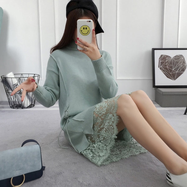 Στρίφωμα δαντέλα μεγάλο τμήμα των στερεών χρώμα πουλόβερ γυναικεία άνοιξη και το χειμώνα Κορέας γυναίκες χαλαρά δεμένη