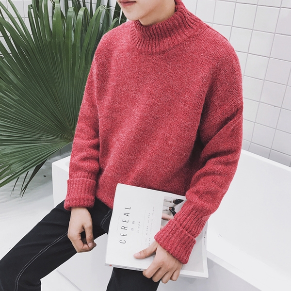 Дебел зимен пуловер изчистен вариант тип поло в червен цвят