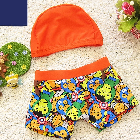 Детски бански комплект от шорти и шапка в три цвята и анимационни изображения за момченца - жълти, сини, шарени