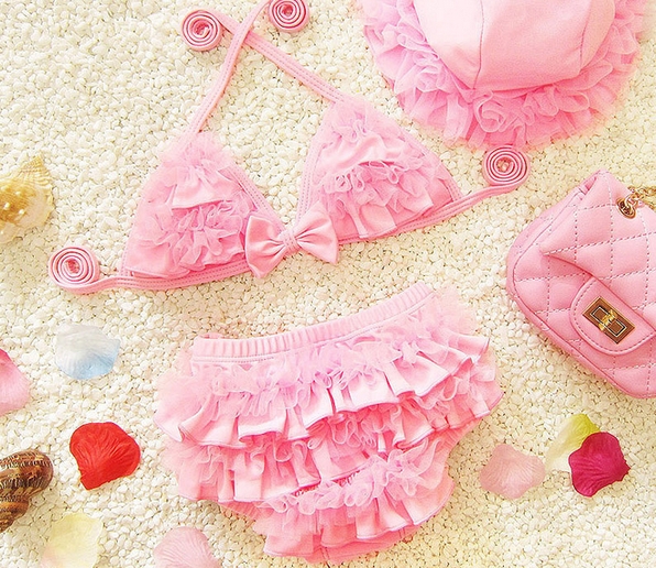 Παιδικό μαγιό για κορίτσια από τρία μέρη ροζ, κίτρινο μοβ  χρώμα -μοντέλα κορυφής