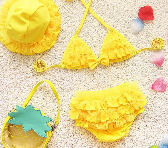 Παιδικό μαγιό για κορίτσια από τρία μέρη ροζ, κίτρινο μοβ  χρώμα -μοντέλα κορυφής