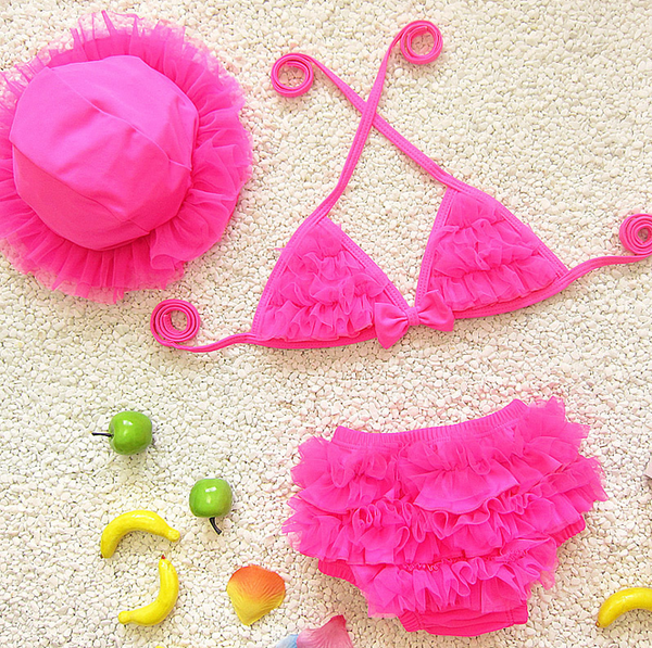 Παιδικό μαγιό για κορίτσια από τρία μέρη ροζ, κίτρινο μοβ  χρώμα -μοντέλα κορυφής